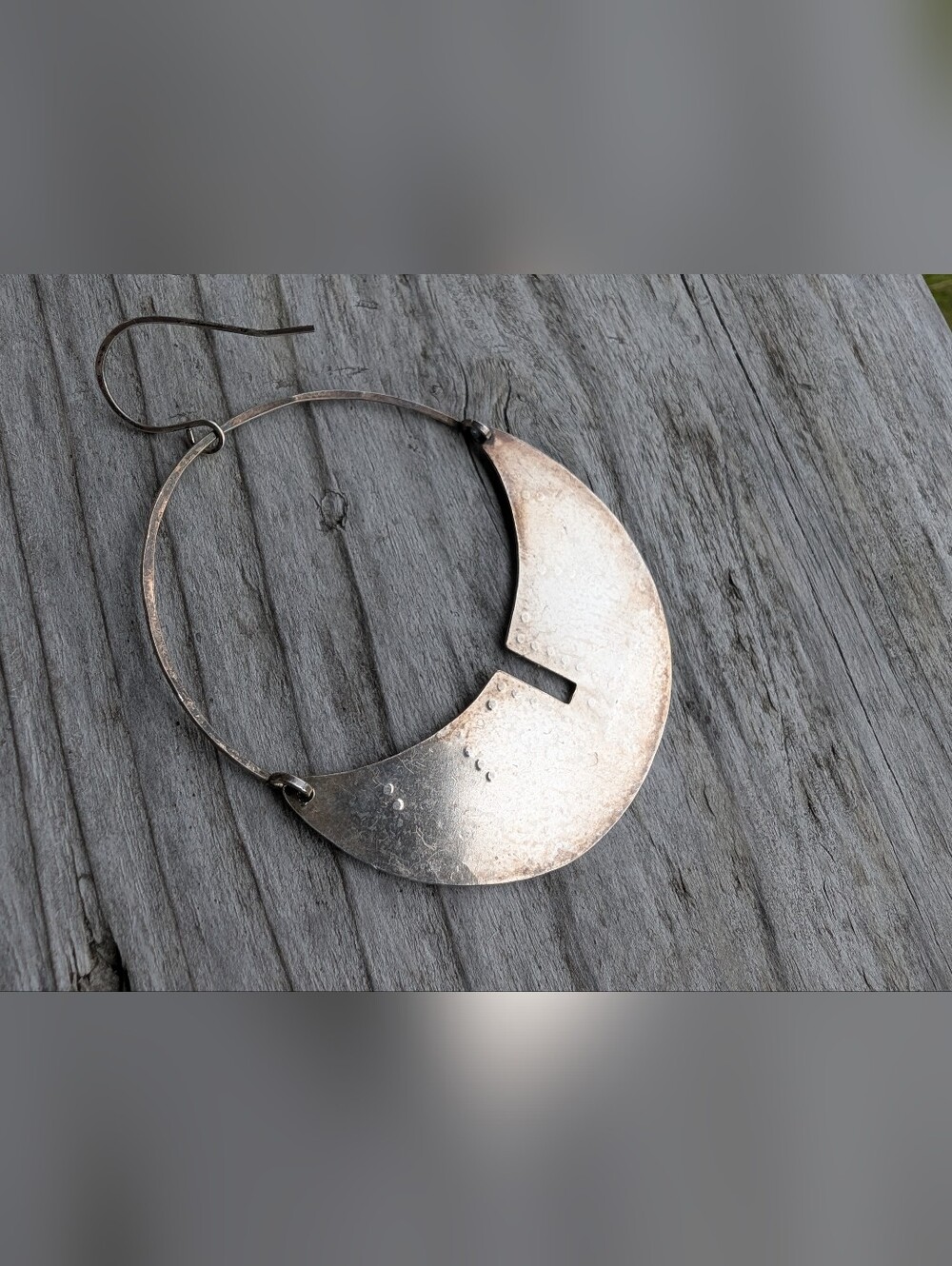 Artist Sterling Silver Press Metal Dangle Half Crescent Silver XL Hoop Aztec - Picture 3 of 6
